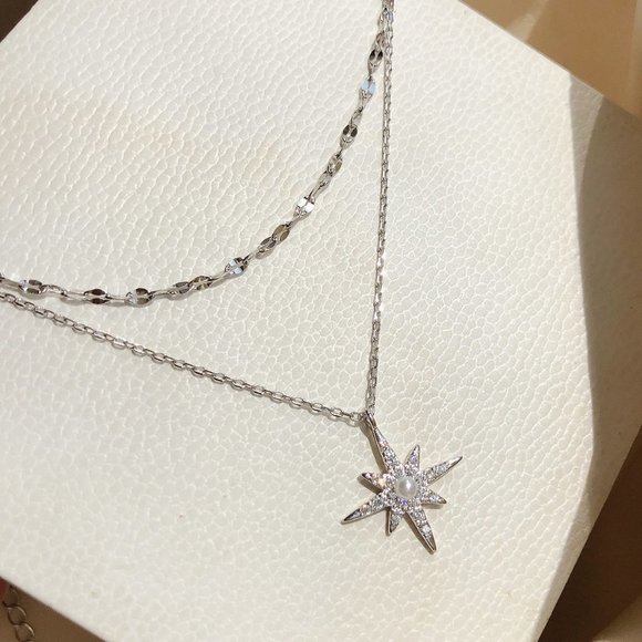 #NEW 925 Sterling Silver Diamond Pearl Star Double Layer Necklace - Picture 6 of 7